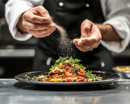 A chef sprinkling salt on a dish