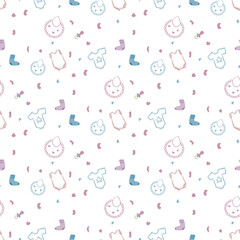 seamless background with baby’s cloth, sock, baby pacifier, baby apron, heart, star