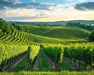 Fototapeta premium A picturesque view of a vineyard with rows of vines in the foreground, suitable for use in travel or lifestyle images