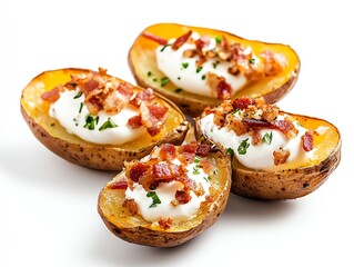 Delicious Potato Skins with Sour Cream and Bacon on White Background