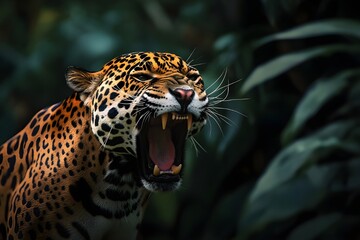Obraz premium Jaguar roaring in the forest in a dark attractive lighting style