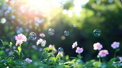 Bubbles Floating Above Colorful Flowers in a Sunlit Garden Setting