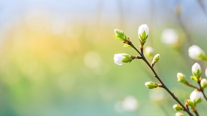 Delicate Flower Buds on Branch - Blurred Bokeh Effect