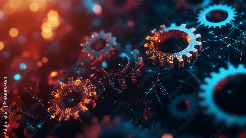 Poster interconnected metallic gears in dark background with network connections.