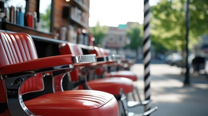 Brightly lit barber shop with red chairs, bustling street view outside