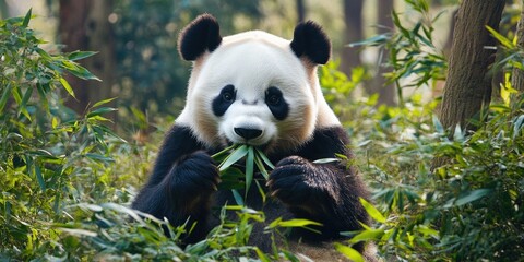 Obraz premium A panda bear munching on bamboo shoots while perched on a rocky outcropping
