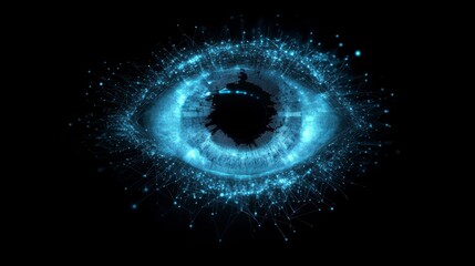 Abstract glowing blue eye with particle effects on black background.