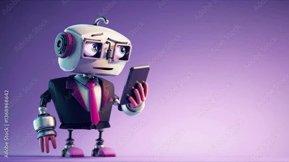 Poster cartoon robot character in business attire holding mobile device, standing against purple gradient b