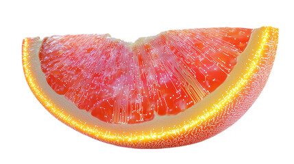 A futuristic grapefruit slice with glowing edges and a digital circuit pattern on a plain white background with no shadows.
