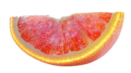 A futuristic grapefruit slice with glowing edges and a digital circuit pattern on a plain white background with no shadows.