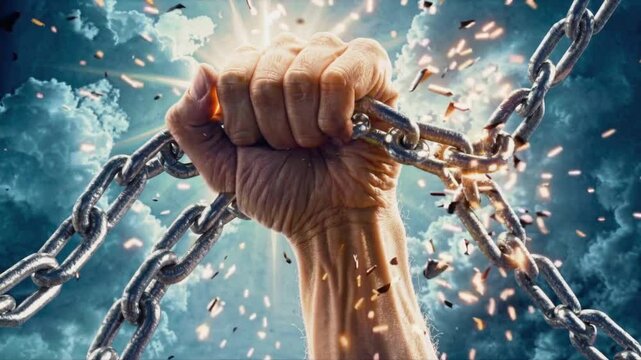 A powerful human hand breaking through metal chains with an intense burst of energy, symbolizing freedom and resistance against constraints, set against a dramatic cloudy sky background
