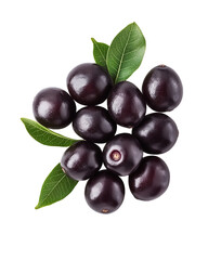 Fototapeta premium Vibrant Purple Acai Berries with Green Leaves on Transparent Background, PNG