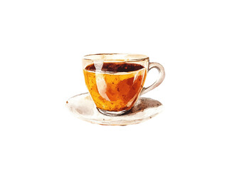 Warm Amber Beverage in Glass Cup and Saucer Watercolor Illustration, PNG