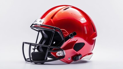 Fototapeta premium Red American football helmet, three-quarter view, isolated on white background.