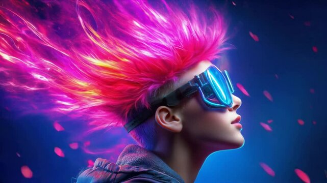 Young individual with vibrant pink hair wearing futuristic blue-glowing glasses, profile view against dynamic blue and magenta background with flying particles. Seamless loop