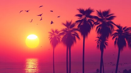 Obraz premium Vibrant sunset over a tropical beach with palm trees and birds