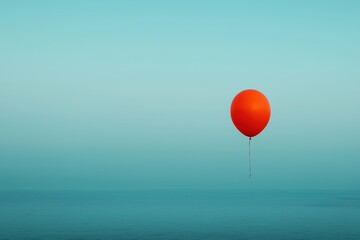 Floating red balloon against serene turquoise ocean at twilight creates a dreamy, tranquil atmosphere Generative AI