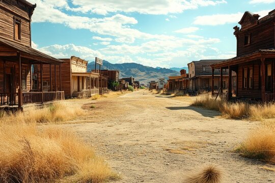 A dirt road in an old western town with vintage buildings and rustic charm