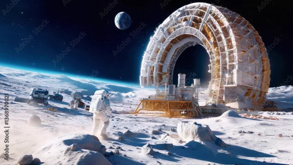 Poster astronaut exploring lunar terrain with advanced research station, multiple exploration vehicles, ear