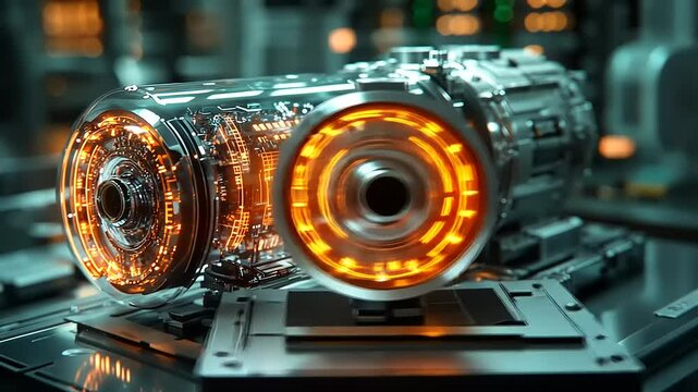 Futuristic engine design with glowing elements in lab