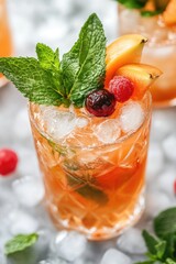 Refreshing beverage with sliced fruits and ice cubes, perfect for hot summer days or as a healthy snack