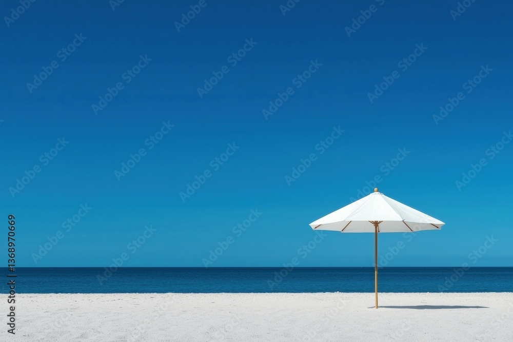 Poster tranquil beach setting with a solitary umbrella and serene ocean view under a clear blue sky generat