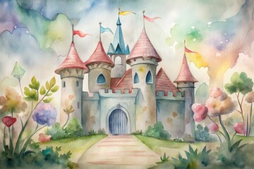 water color castle themed play house with garden