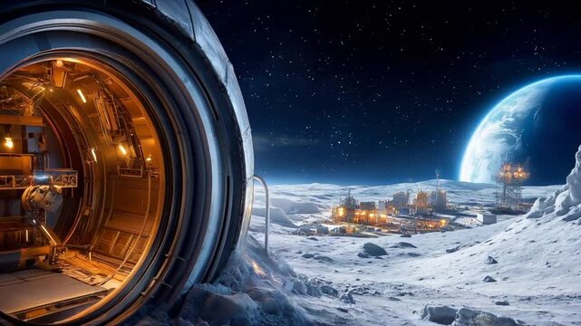 Futuristic lunar base with illuminated circular module, rocky terrain, distant Earth, starry background, and exploration equipment in foreground