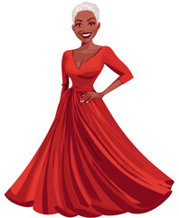 Fototapeta premium Elderly African-American woman in red dress smiles happily during a community celebration on a sunny afternoon