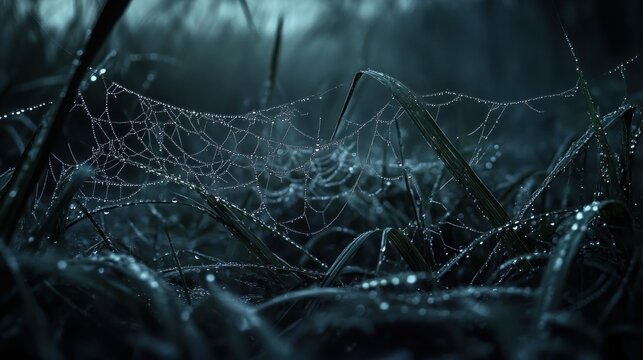 Dewy Spider Web in the Early Morning Mist A Nature Scene with Delicate Grass and Sparkling Dro
