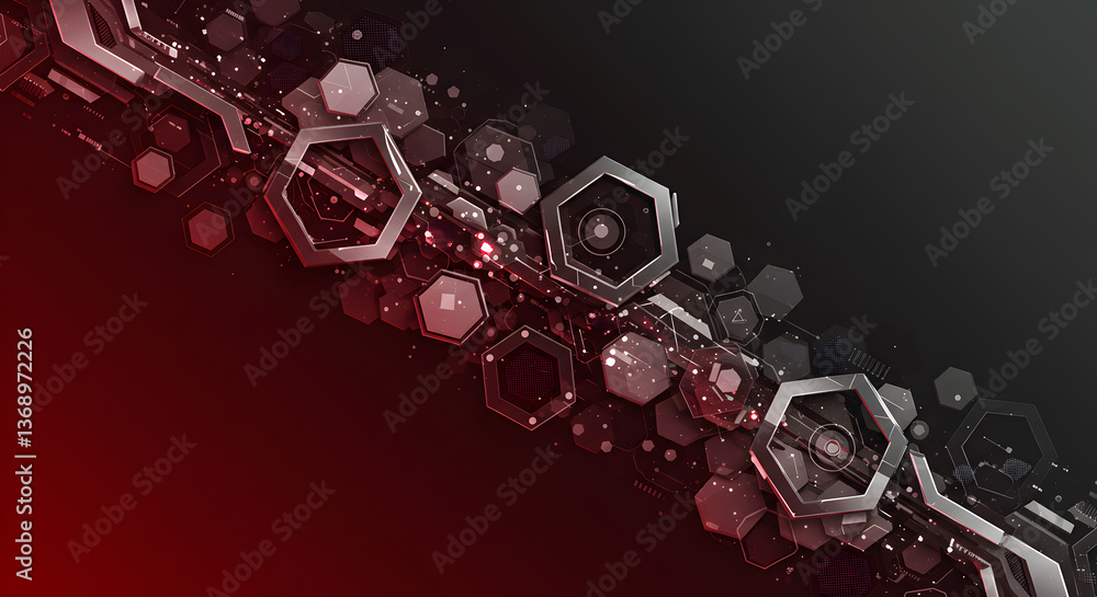 Poster futuristic techscape: crimson gradient with silver hexagonal cybernetic structure
