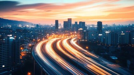 Obraz premium Urban Sunset, Cityscape at Twilight with Light Trails