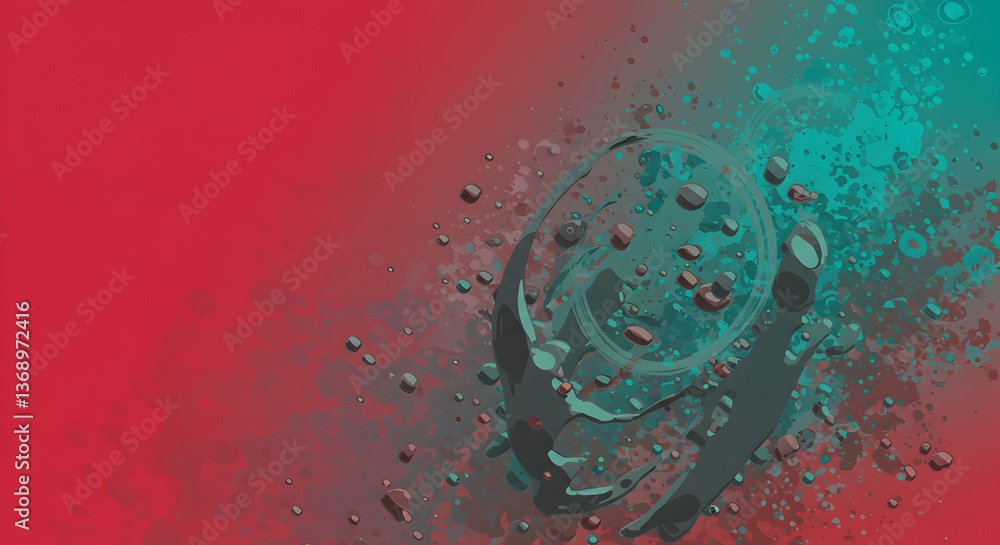 Poster crimson and teal: a dynamic gradient with abstract splash and spherical forms