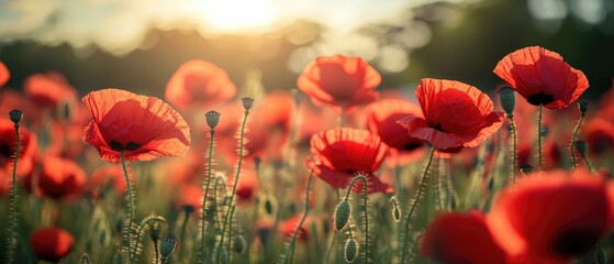 Fototapeta premium A beautiful field of red poppies with the sun setting in the background, ideal for use as a background or add to any nature-themed design