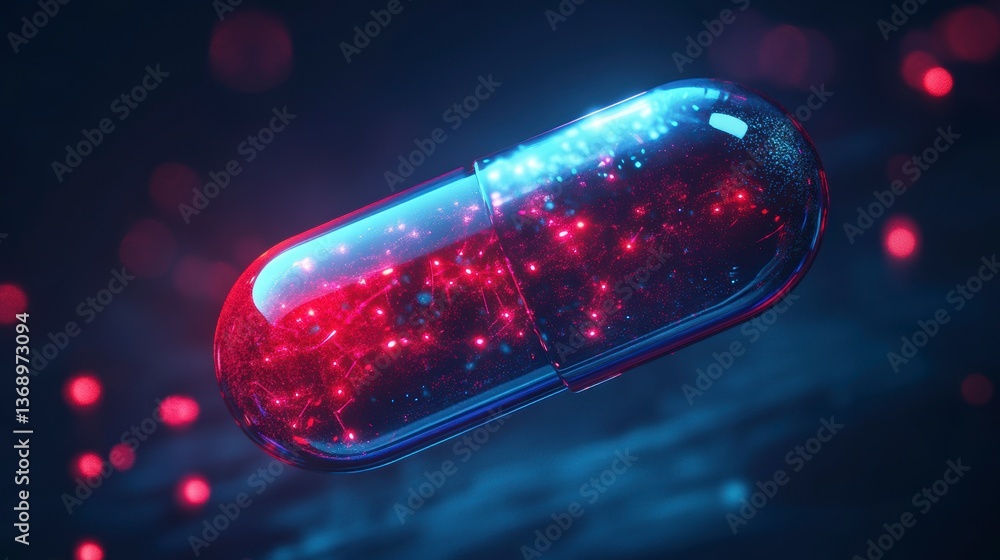 Poster futuristic transparent capsule with glowing red and blue internal structures, floating against a dar