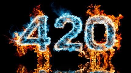 Number 420, symbol of cannabis smoking, made of smoke and fire. Black background