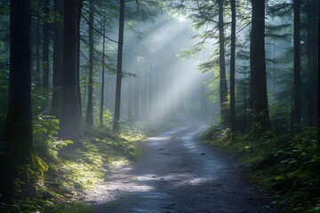 Fototapeta premium Mysterious forest path illuminated by soft sunlight on a foggy morning in a tranquil woodland setting