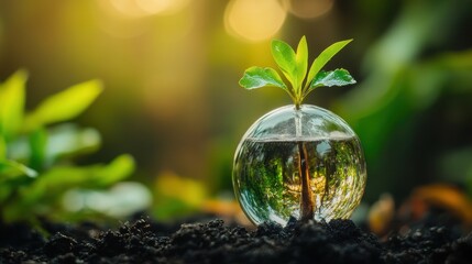 A seedling grows in a glass globe filled with water and placed on dark soil. It symbolizes environmental conservation, new life, and sustainable development.