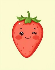 Obraz premium Adorable smiling strawberry character with big eyes on a pale background. Ideal for children's illustrations, cartoons, and educational materials. Perfect to add fun to any project!