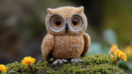 Fototapeta premium Adorable Crochet Owl Toy on Moss with Yellow Flowers