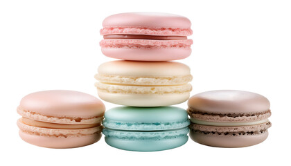 Tower of three pastel-colored macarons stacked neatly, with delicate textures isolated on transparent background
