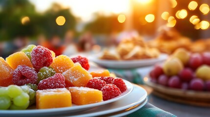Colorful fruit platter with raspberries and melons at sunset gathering