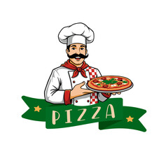 Pizza logo. It is a suitable logo for pizza shops that offer delivery service. Editable logo template.