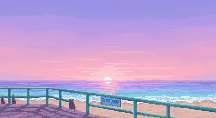 Obraz premium A pixel art illustration of a beach at sunset or sunrise. The sun is low on the horizon, creating a warm glow on the sky and water. 