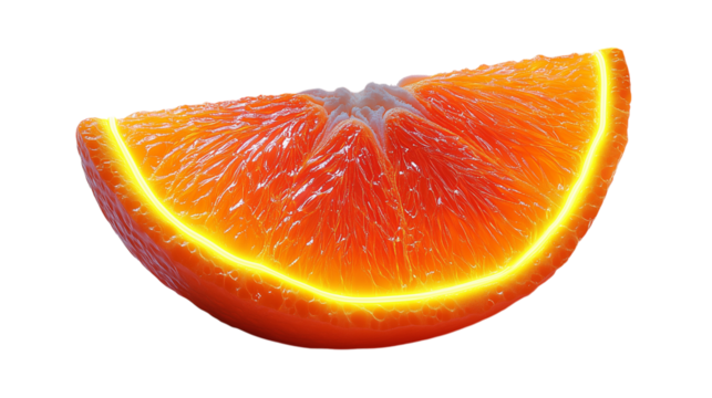 Digitalized orange slice with glowing neon edges on a plain white background with no shadows.