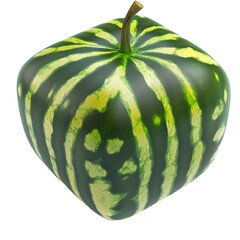 Square watermelon with striped green surface and unusual shape isolated on transparent exotic and rare fruit cultivated in special molds modern twist on traditional fruit with playful visual appe