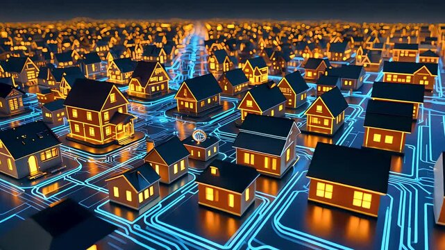 Futuristic smart city model with glowing digital network and buildings