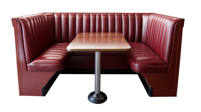 Classic red leather restaurant booth with central wooden table and pedestal base isolated on transparent background for hospitality diner or food establishment interior design themes
