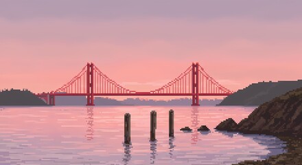 Obraz premium A pixel art illustration of the Golden Gate Bridge in San Francisco at sunset. The bridge is red and spans across a body of pale pink water. 
