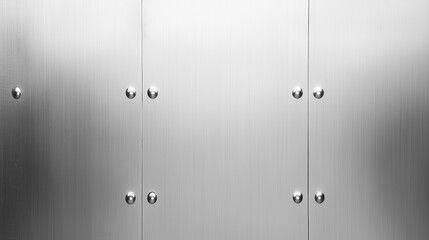 Stainless steel industrial surface with brushed metal finish and rivet details in a symmetrical pattern creating a clean and modern texture perfect for background, technology themes or machinery desig